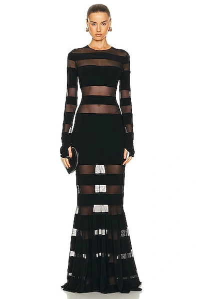 Norma Kamali Spliced Fishtail Gown In Black And Black Mesh