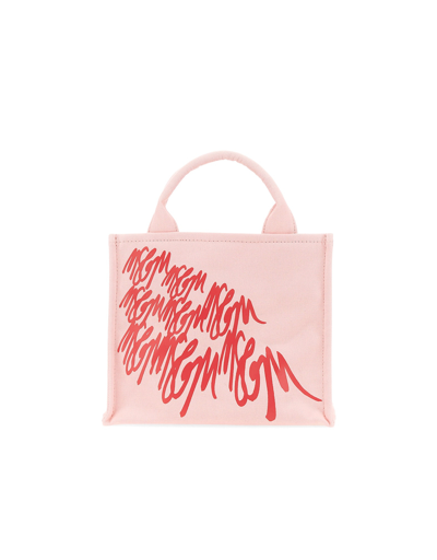 Msgm Mini Printed Cotton Top Handle Bag In Rose