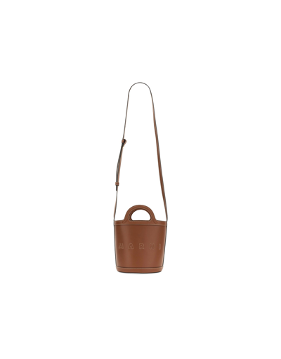 Marni Tropicalia Small Leather Bucket Bag In Marron