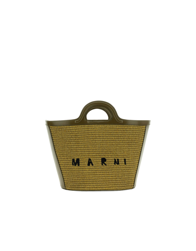 Marni Tropicalia Small Green In Raffia And Leather In Khaki