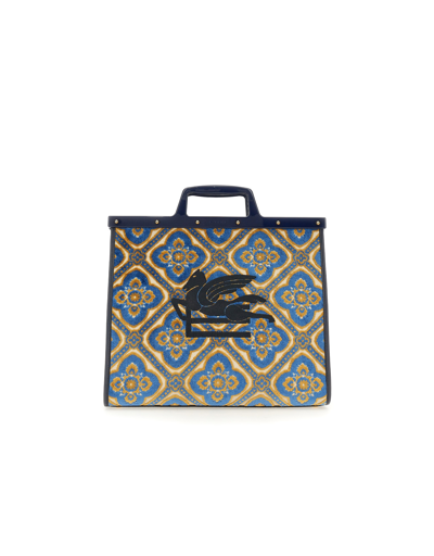Etro Navy Blue Jacquard Medium Love Trotter Bag In Multicolore