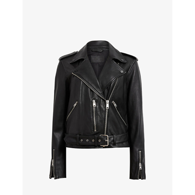 Allsaints Womens Black Balfern Belted-hem Leather Biker Jacket