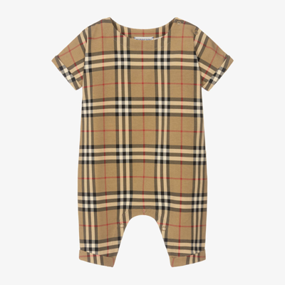 Burberry Babies' Beige Check Cotton Romper