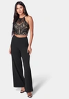 BEBE EMBROIDERED LACE TRIM KNIT CREPE PALAZZO JUMPSUIT