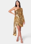 Bebe One Shoulder Sequin Sash Dress In Gold
