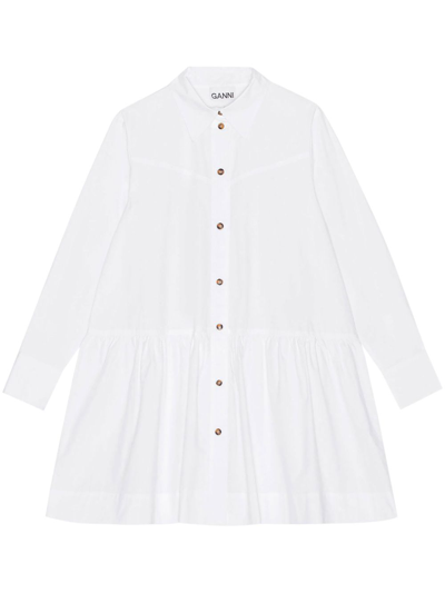 Ganni Long Sleeve White Cotton Poplin Mini Shirt Dress