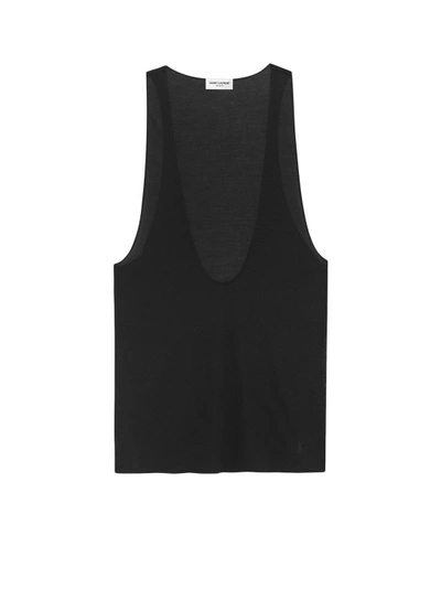 Saint Laurent Silk Tank Top With Monogram Detail In Black