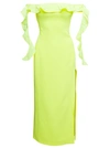 DAVID KOMA YELLOW LONG OFF-SHOULDER DRESS WITH RUCHES DETAIL IN ACETATE