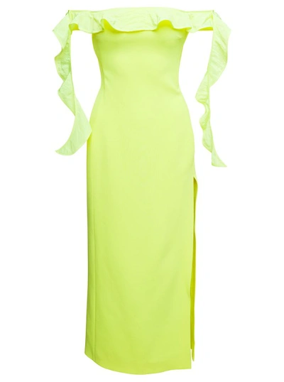 DAVID KOMA YELLOW LONG OFF-SHOULDER DRESS WITH RUCHES DETAIL IN ACETATE
