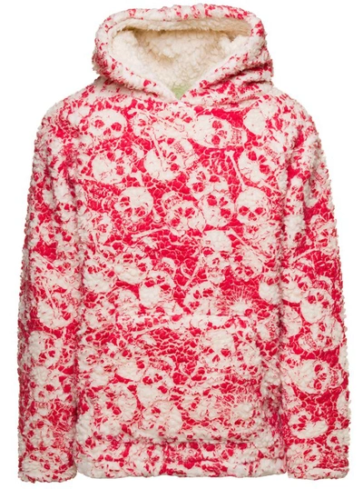 ERL RED AND WHITE SWEATSHIRT WITH ALL-OVER SKULL IN FLEECE