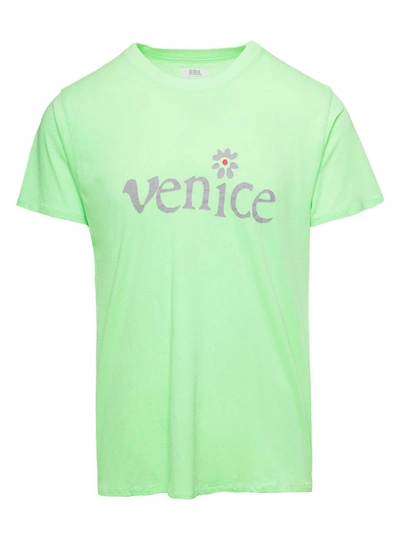ERL GREEN CREWNECK T-SHIRT WITH VENICE PRINT IN COTTON