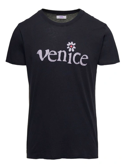 ERL BLACK CREWNECK T-SHIRT WITH VENICE PRINT IN COTTON