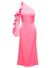 DAVID KOMA PINK MONOSHOULDER DRESS WITH RUCHES DETAILING IN ACETATE