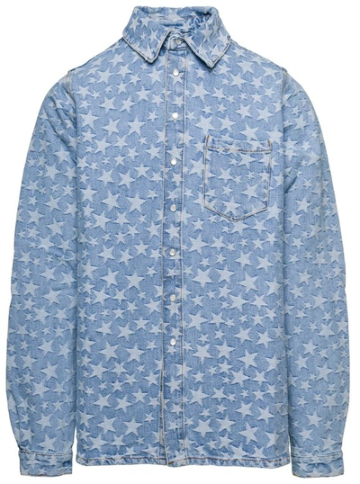 ERL LIGHT BLUE LONG SLEEVE SHIRT WITH ALL-OVER STAR PRINT IN COTTON DENIM