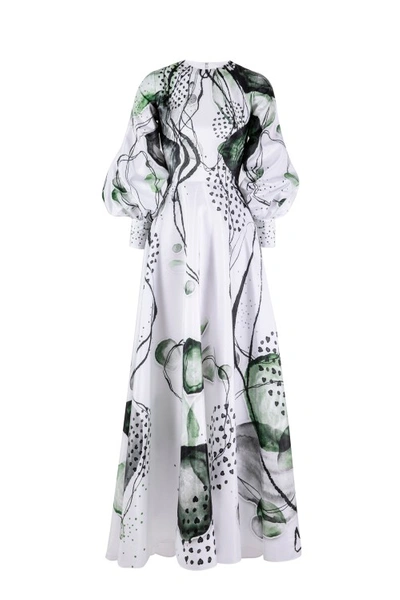 Saiid Kobeisy Taffeta Printed Dress With Bell Sleeves In White