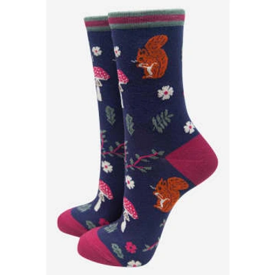 Lark London Sock Talk Women's Bamboo Socks Squirrel Ankle Socks Woodland Animals Toadstools Blue