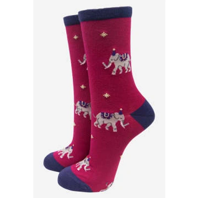 Lark London Sock Talk Women's Bamboo Socks Elephant Print Party Ankle Socks Fuchsia Pink In Burgundy