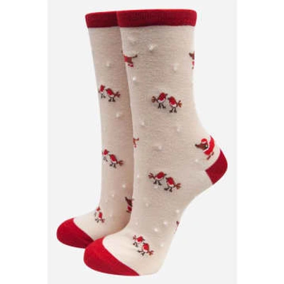 Lark London Sock Talk Cream Women's All Over Festive Sausage Dog Print Bamboo Socks In Neutrals