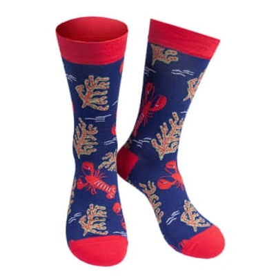 Lark London Sock Talk Mens Bamboo Socks Red Lobsters Ocean Animal Socks Navy Blue