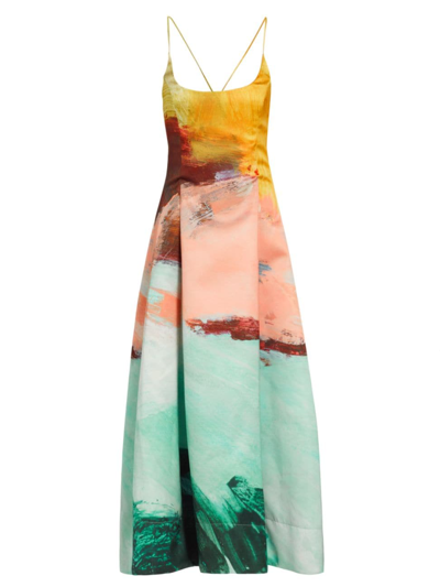 Oscar De La Renta Landscape-print Satin Gown In Teal Multi