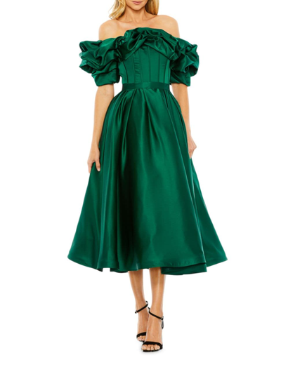 Mac Duggal Ruffle Off The Shoulder Satin Midi Cocktail Dress In Emerald