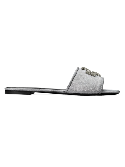 Tory Burch Eleanor Pave Medallion Flat Slide Sandals In Silver