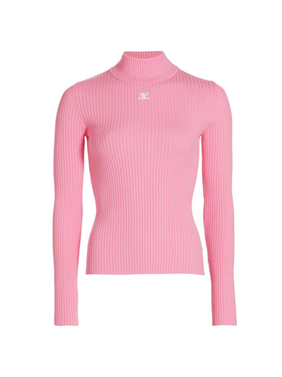 Courrèges Women's Mock Turtleneck Rib-knit Sweater In Pink