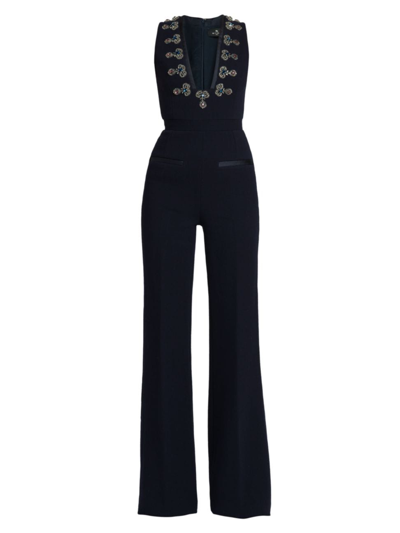 Etro Sleeveless Beaded Bootcut-leg Wool Crepe Jumpsuit In Blue