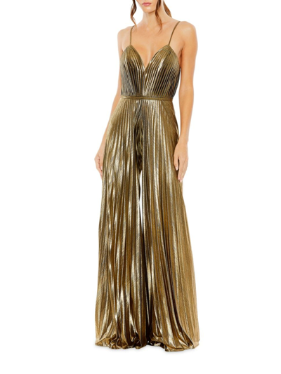 Mac Duggal Metallic Pleated V-neck Jumpsuit In Antique Gold-tone