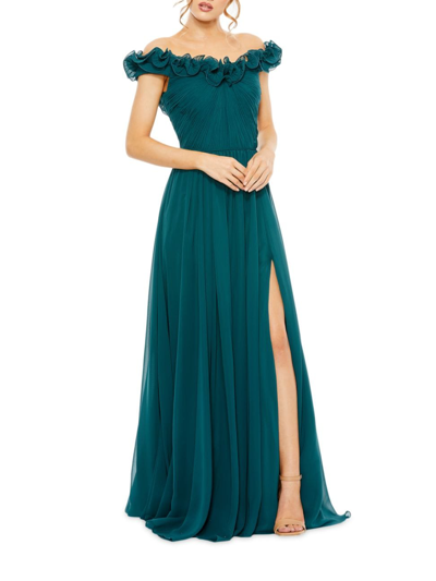 Mac Duggal Women's Frill Chiffon Off-the-shoulder A-line Gown In Teal