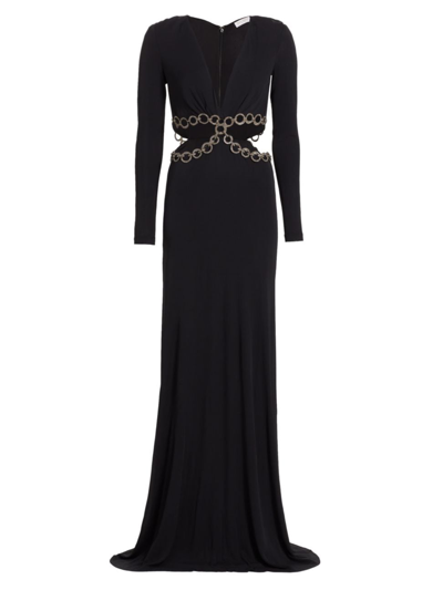 Ramy Brook Women's Pauline Crystal-accented Cut-out Long-sleeve Gown In Black
