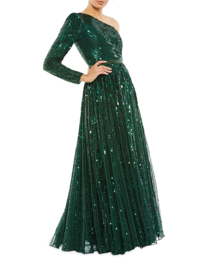 Mac Duggal Sequin One-shoulder Single Long Sleeve Gown In Emerald