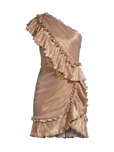 One33 Social Metallic One-shoulder Ruffle Mini Dress In Brown