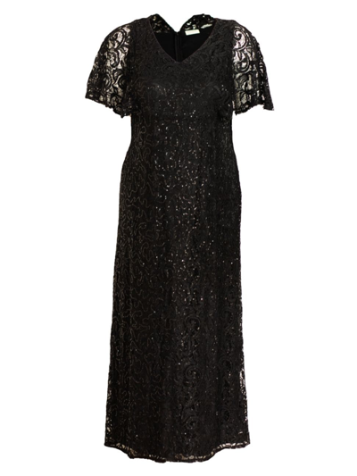 Kiyonna Celestial Cape Sleeve Lace Gown In Onyx