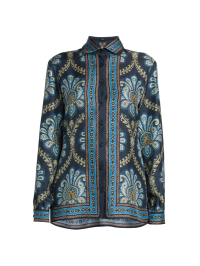 Etro Women's Geometric Lotus Silk Shirt In Navy