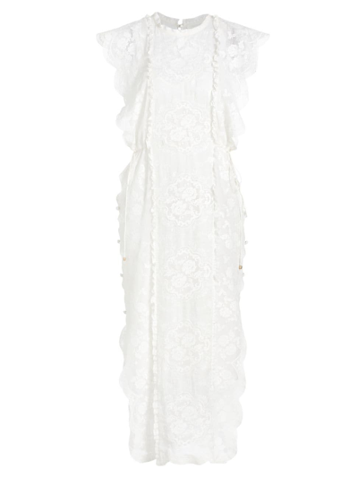 Zimmermann Alight Ruffled Lace Ramie Midi Dress In Ivory