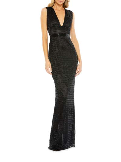 Mac Duggal Beaded Cap Sleeve V Neck Column Gown In Black