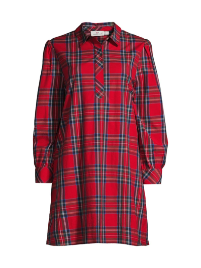 Vineyard Vines Plaid Long Sleeve Stretch Cotton Popover Minidress In Royal Red