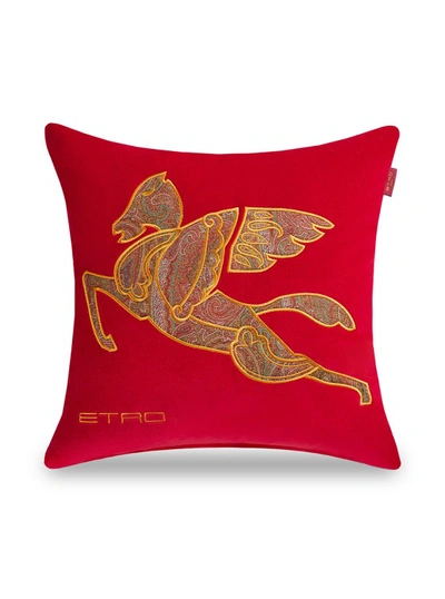 Etro Red Cushion With Winged Horse In Paisley Jacquard Fabric