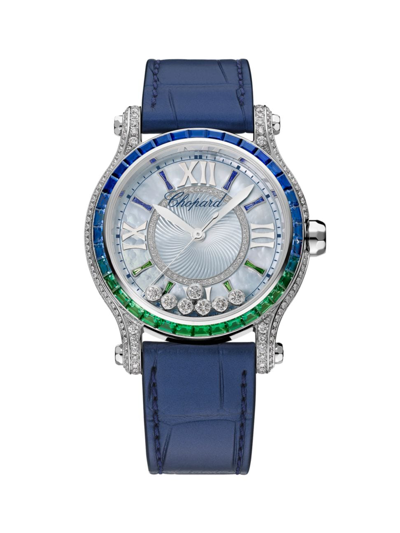 Chopard Women's Happy Sport White Gold, 2.53 Tcw Diamond, Multi-gemstone & Leather Watch In Blue