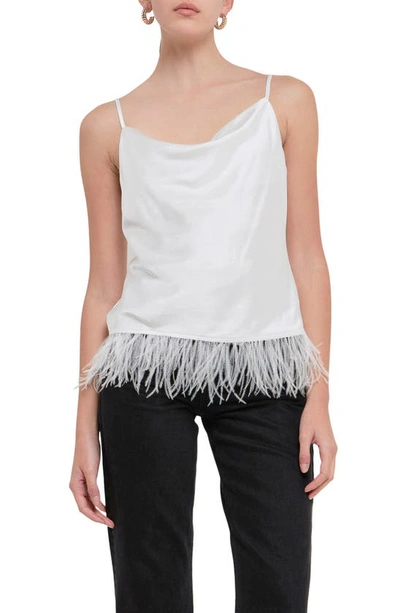 Endless Rose Women's Satin Cowl Neck Top With Feather In White