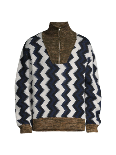 Closed Men's Zig-zag Alpaca-blend Half-zip Sweater In Smokey Blue