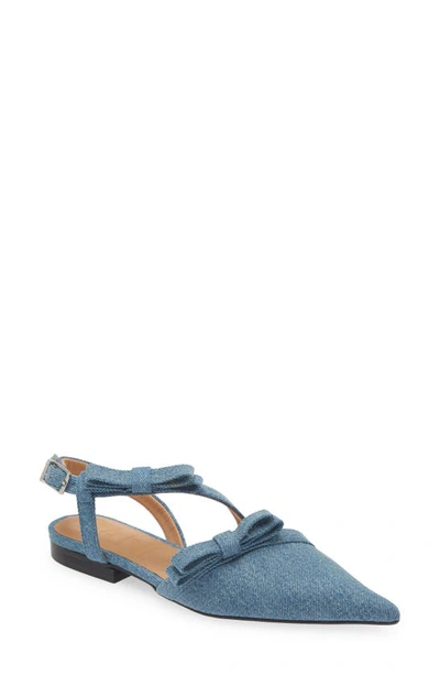 Ganni Bow Pointy Toe Slingback Flat In Denim