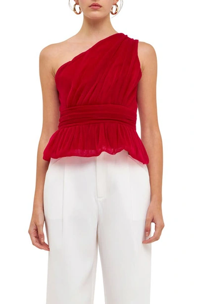 Endless Rose Women's One Shoulder Shirred Tulle Top In Dark Red