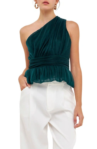Endless Rose Women's One Shoulder Shirred Tulle Top In Dark Green