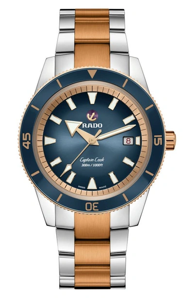 Rado Men's Swiss Automatic Captain Cook Two-tone Stainless Steel Bracelet Watch 42mm In Blue/rose Gold