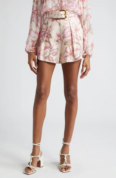 ZIMMERMANN MATCHMAKER FLORAL BELTED LINEN SHORTS