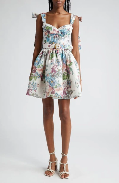 Zimmermann Matchmaker Belted Printed Linen And Silk-blend Mini Dress In Multi