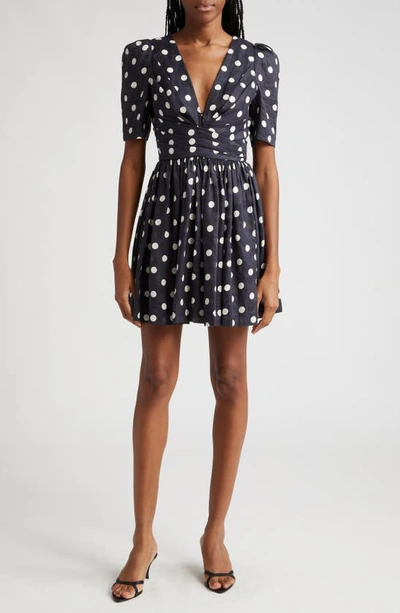 Zimmermann Pleated Polka-dot Linen Mini Dress In Black/cream Dot