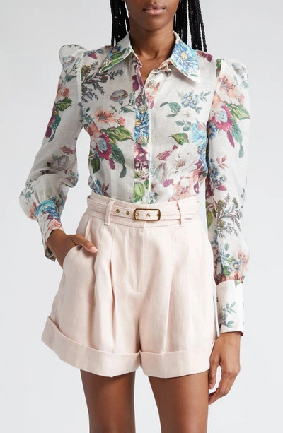 Zimmermann Matchmaker Floral Linen-silk Shirt In Ivory Barkcloth Print